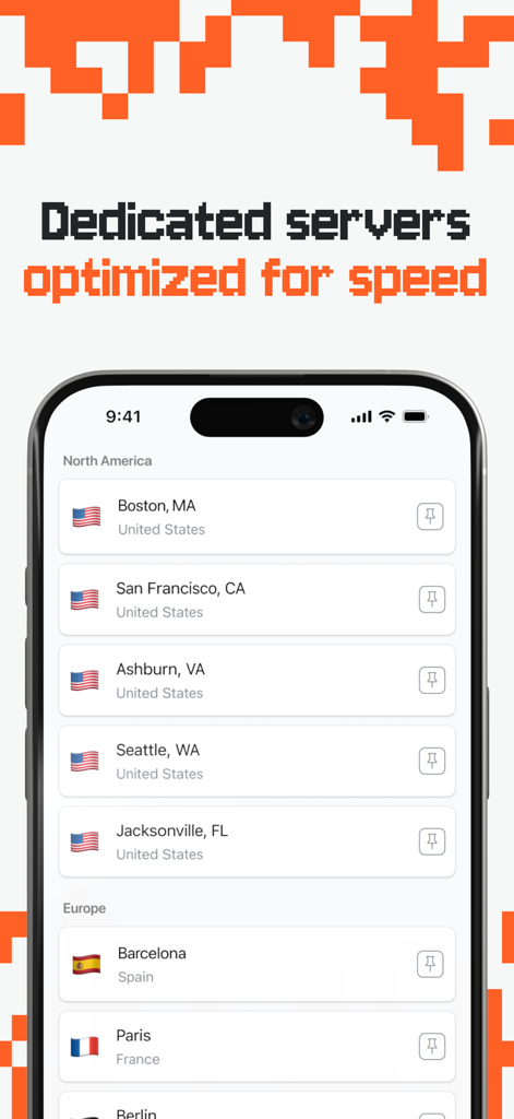Obscura VPN app server list showing dedicated locations optimized for speed.