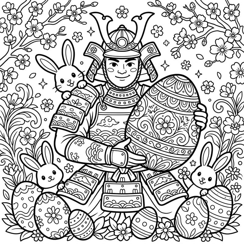 Dive into a truly unique coloring experience where the might of a Japanese Shogun meets the joy of Easter! This delightful page combines ancient tradition with playful spring festivities, ready for your artistic touch.