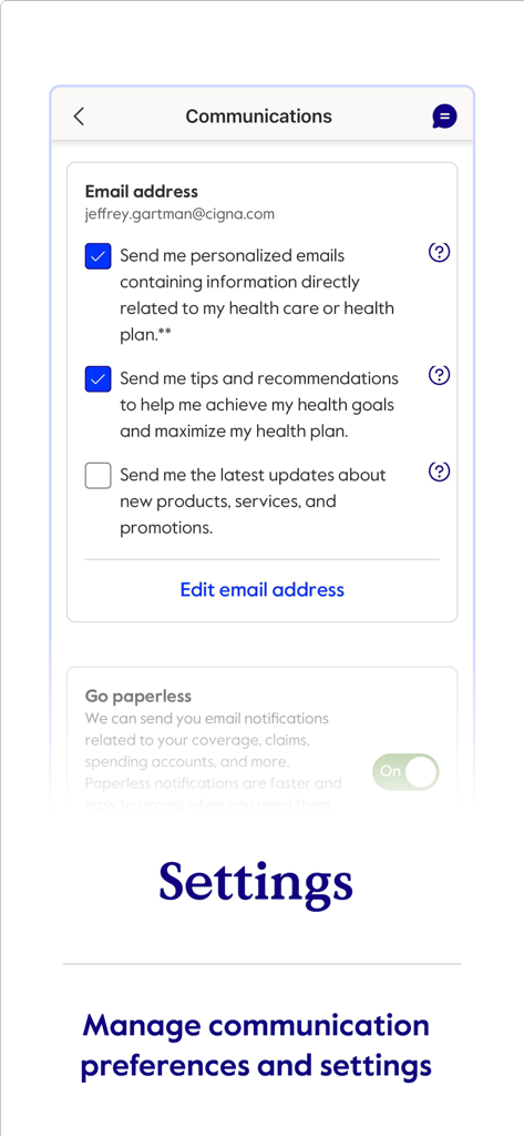 The myCigna app communication settings screen showing email preferences and the go paperless toggle.