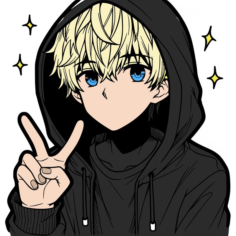 teenage manga boy in a hoodie, doing ✌