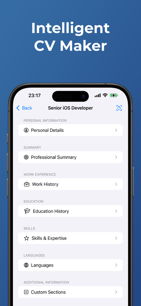 Resume Creator & Cover Letter - Bildschirm einer mobilen App, der Abschnitte zur Lebenslauferstellung für persönliche Daten, Berufserfahrung und Fähigkeiten anzeigt