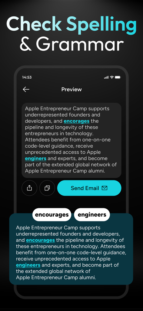 Mailbot - AI Email Writer - Mailbot app screen showing AI spelling and grammar check feature highlighting errors and providing corrections for a professional email