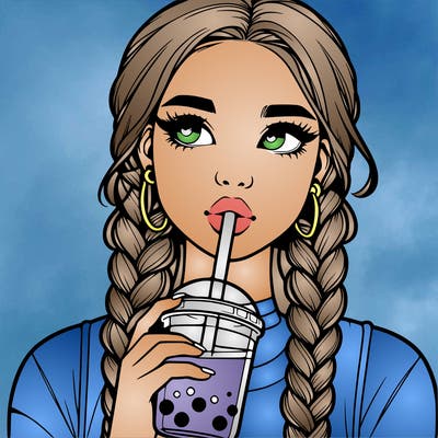 realistic girl with braided hair drinking boba