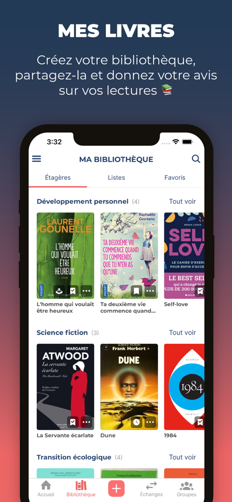 MyBlio app interface showing a digital book library organized into categories like science fiction and personal development