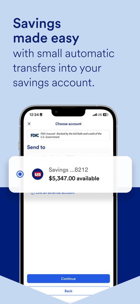 US Bank mobile app interface showing automated money transfers into a savings account