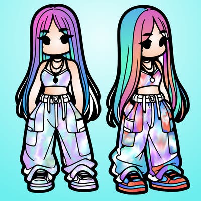 girl in baggy pants crop top and long hair