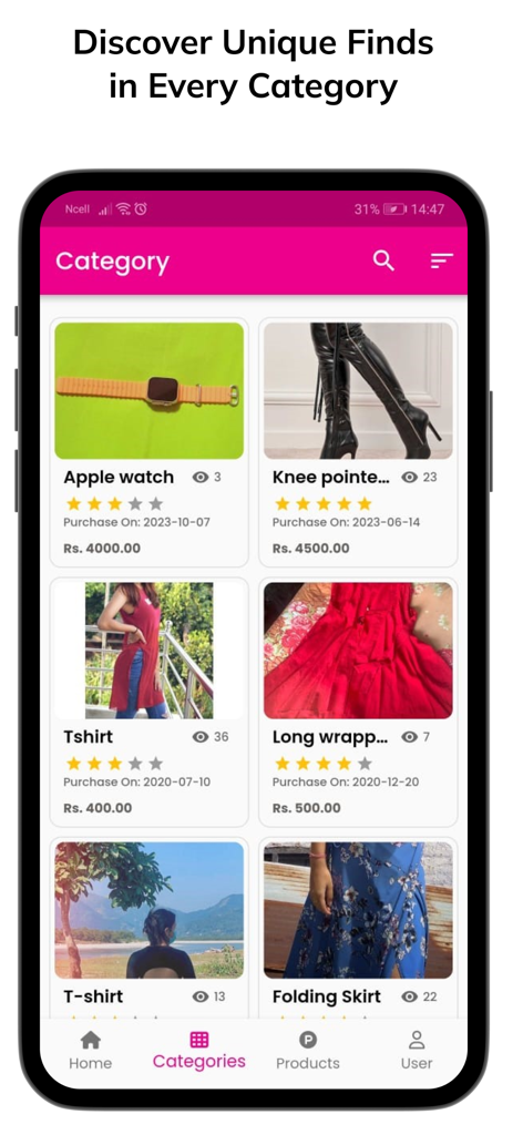 Thrift Store Nepal - Mobile app interface displaying categories of secondhand items like watches and clothing