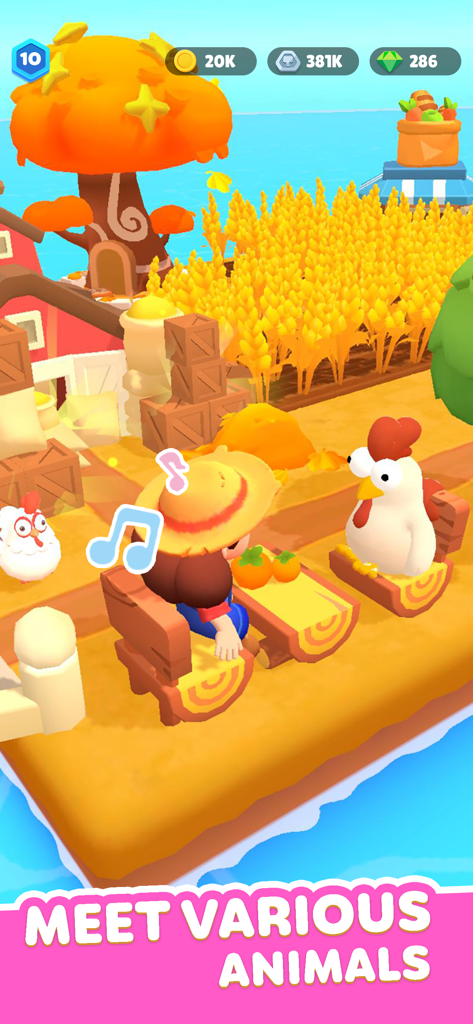 A character in a straw hat sitting at a wooden table with a white chicken on a vibrant island farm.
