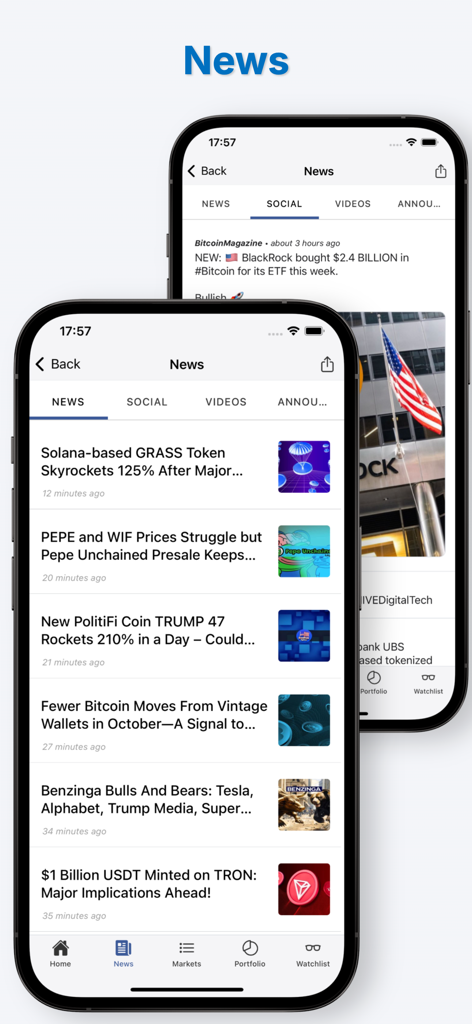 CoinLore Cryptocurrency Prices - CoinLore mobile app news section showing latest cryptocurrency headlines and social media updates