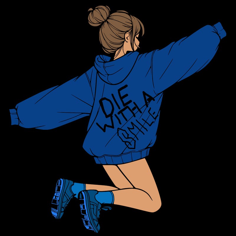realistic girl jumping with a bun and oversized sweatshirt