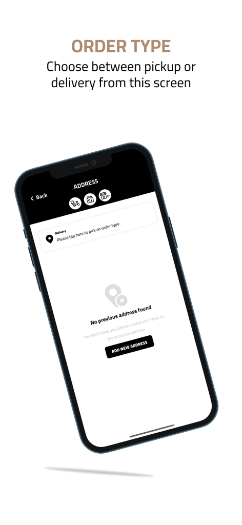 An iPhone mockup displaying the Touche La Bouche Coffee House app screen where users can choose between pickup or delivery and manage their addresses.