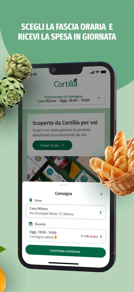 Cortilia - Spesa Online - Mobile screen of Cortilia app showing delivery time slot selection for fresh groceries