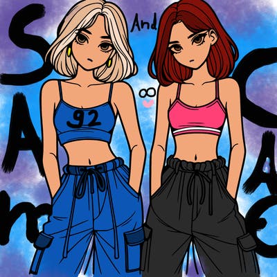two girls with crop top with baggy pants