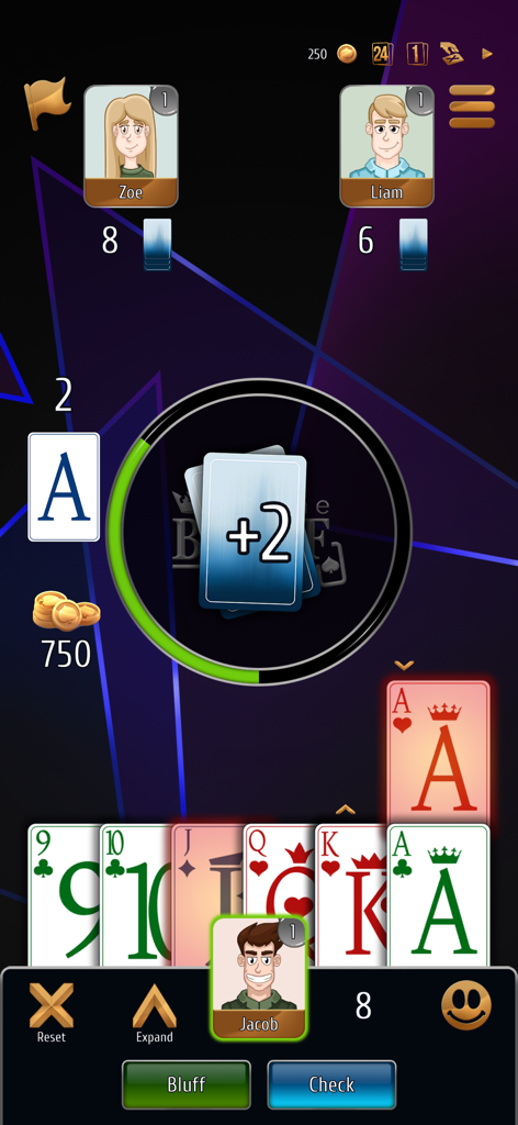 Tela de jogabilidade do Bluff Online mostrando a mão do jogador e os avatares dos oponentes