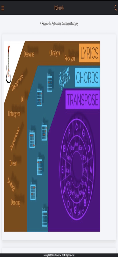 Indichords app interface showing lyrics chord diagrams and transpose tool for musicians