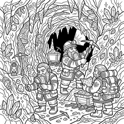 Dive into an enchanting subterranean world with this detailed adult coloring page featuring diligent dwarf prospectors. Uncover a wealth of crystals and mining tools, perfect for a relaxing and intricate coloring experience.
