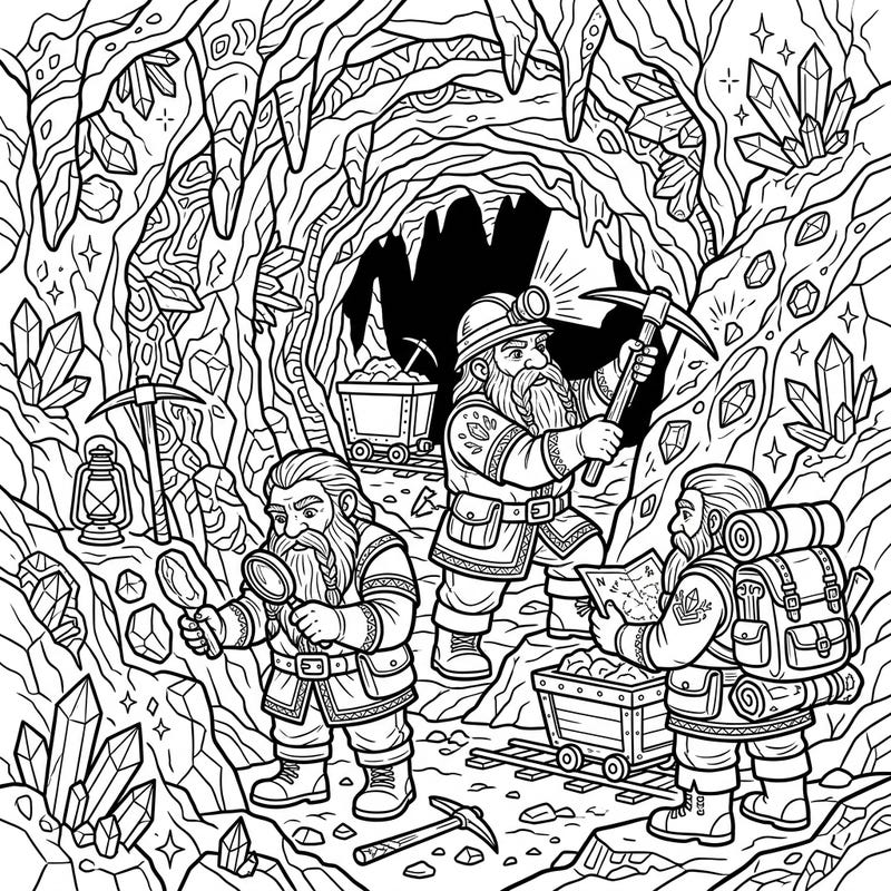 Dive into an enchanting subterranean world with this detailed adult coloring page featuring diligent dwarf prospectors. Uncover a wealth of crystals and mining tools, perfect for a relaxing and intricate coloring experience.