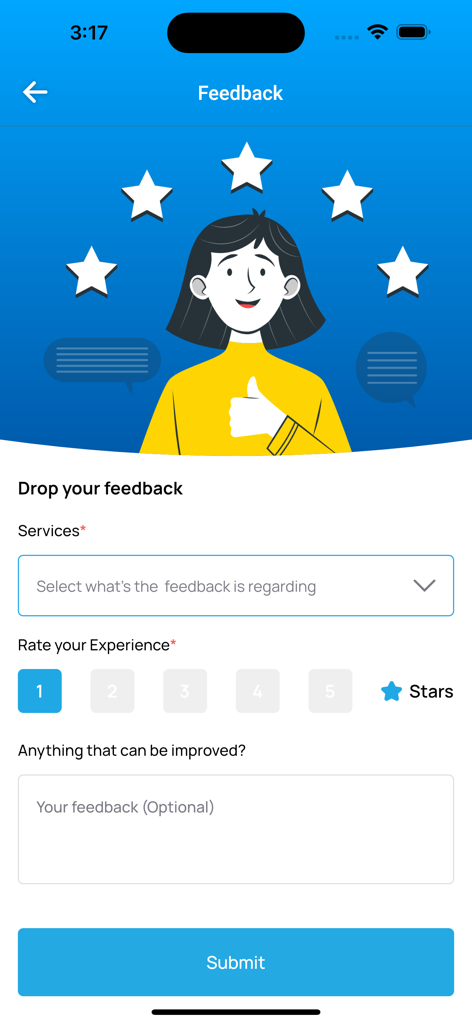WAF App - User feedback screen in the WAF app featuring a star rating system and an optional comment box