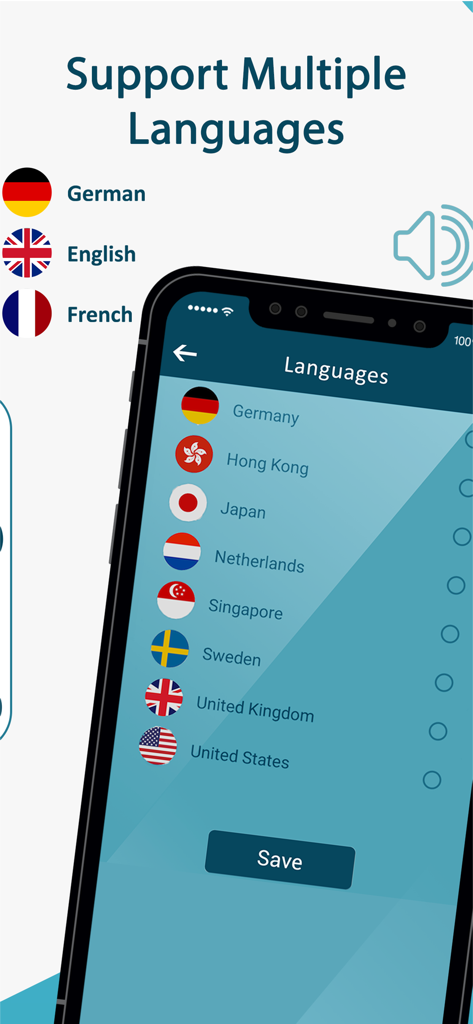Voice to Text- Voice Typing - Language selection screen in the Voice to Text app displaying a list of supported countries and their respective flags