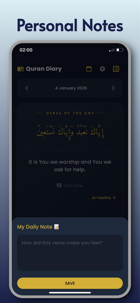 Quran Dairy - Interface of the Quran Diary app showing the Personal Notes feature with a daily verse and reflection field.