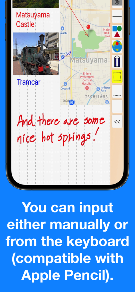 Pocket Note Pro app screenshot showing handwritten notes integrated maps and photo attachments on a grid background
