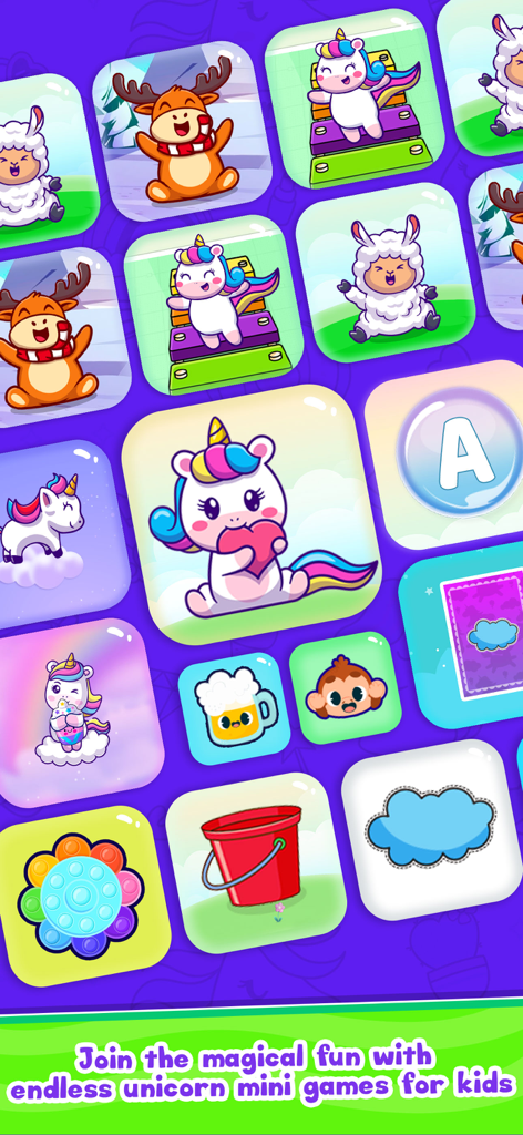Baby Unicorn Phone For Kids 2+ - Una colección de iconos coloridos para minijuegos con temática de unicornio que incluyen animales y juguetes pop-it