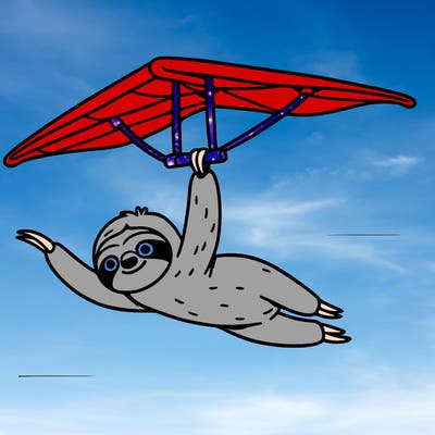 a sloth hang gliding slowly through a clear blue sky