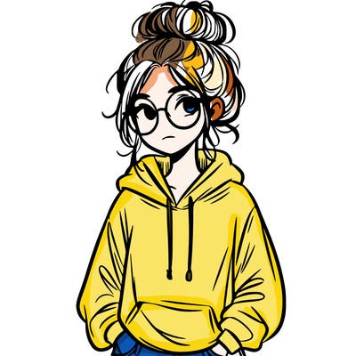 teen girl with a messy bun and glasses wearing a loose hoodie and jeans