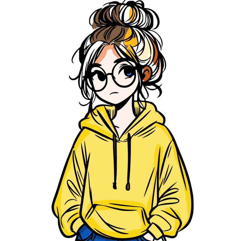 teen girl with a messy bun and glasses wearing a loose hoodie and jeans