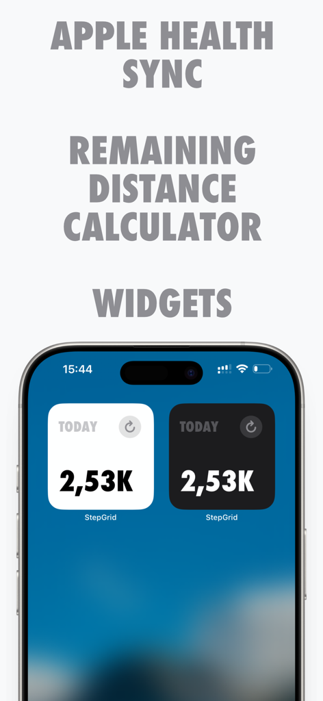 StepGrid - Step Counter - iPhone home screen displaying StepGrid step counter widgets with daily step counts and Apple Health sync features