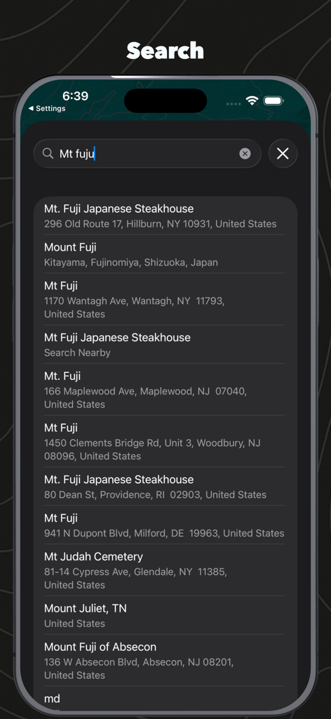 Geo Elevation: Path Analyzer - Location search interface in Geo Elevation Path Analyzer showing results for Mt Fuji