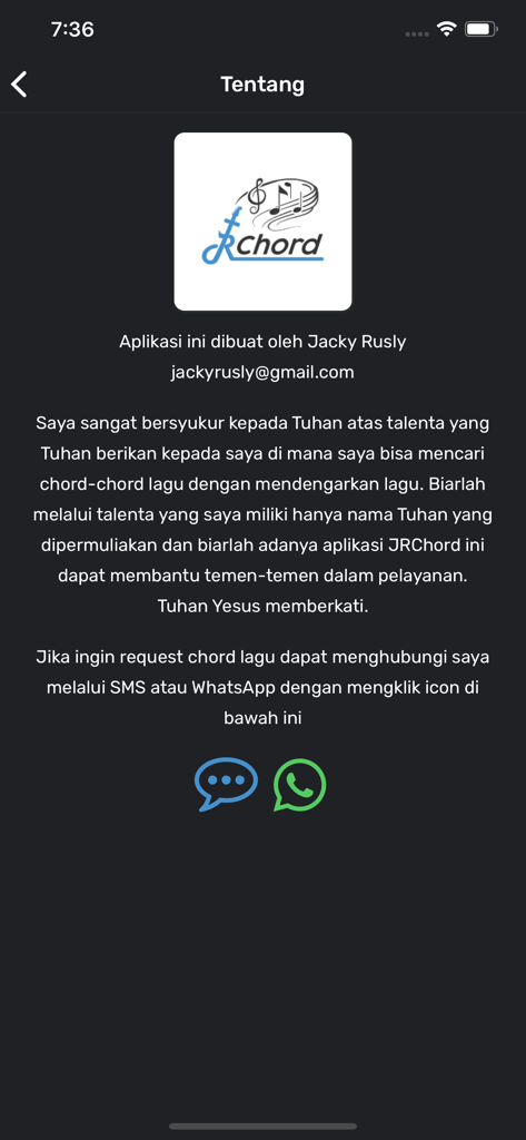 JRChord - About screen of the JRChord app showing developer information in Indonesian.