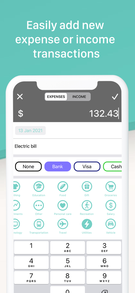 Xpence: Money Tracker - A mobile interface for adding a new expense transaction in Xpence showing an electric bill entry for 132.43 dollars