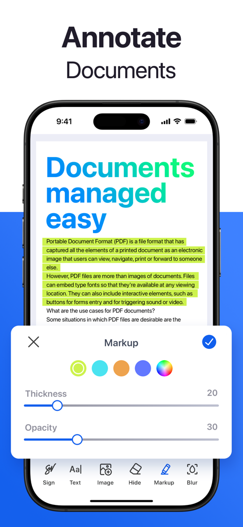 Forma: PDF Document Editor - Interfaz de la aplicación Forma PDF Document Editor mostrando herramientas de anotación y marcado de documentos en un iPhone