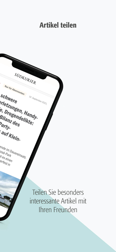 SÜDKURIER Online - Un smartphone mostrando la función para compartir artículos de la aplicación de noticias Suedkurier Online.
