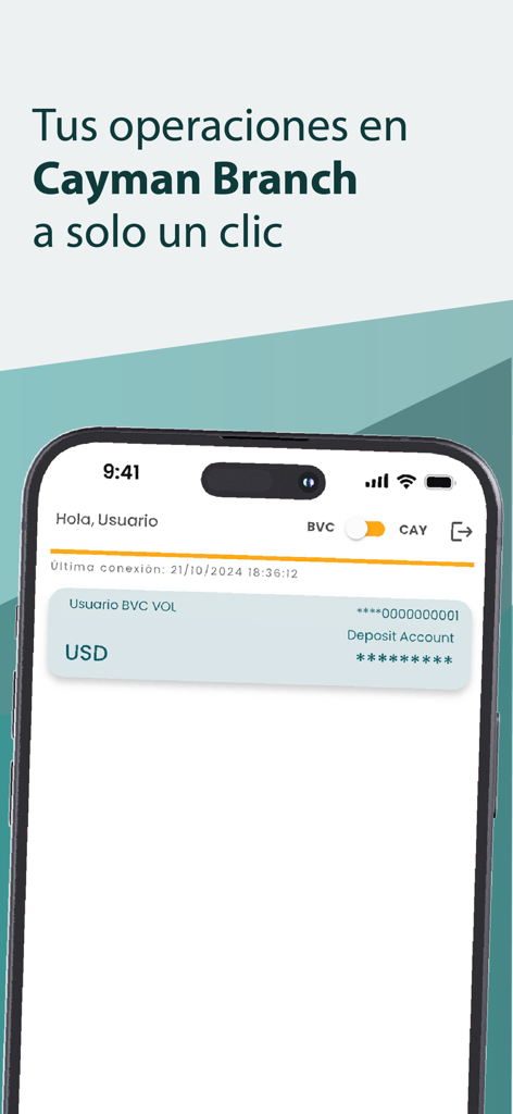 VOL.móvil (acceso anticipado) - VOL movil Banking-App-Oberfläche, die ein USD-Einlagenkonto in der Cayman-Niederlassung anzeigt