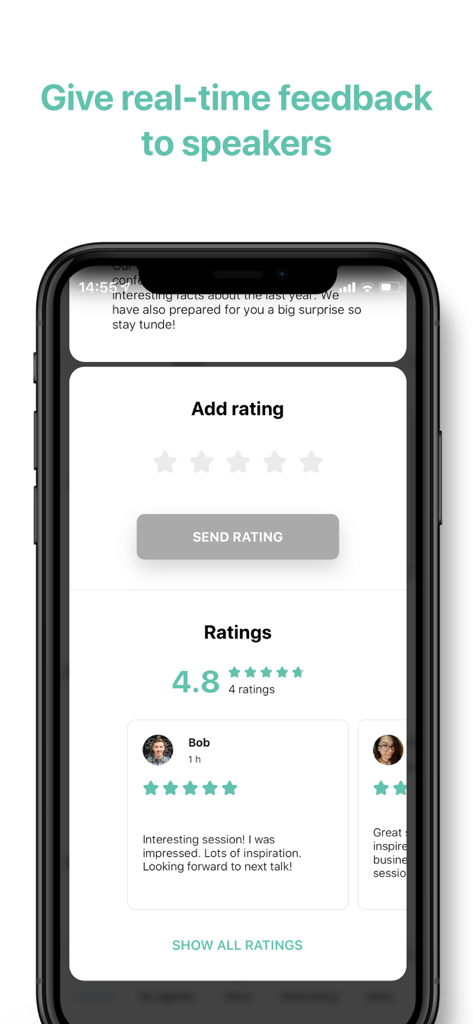 Eventee mobile app screen for giving real-time feedback and star ratings to conference speakers