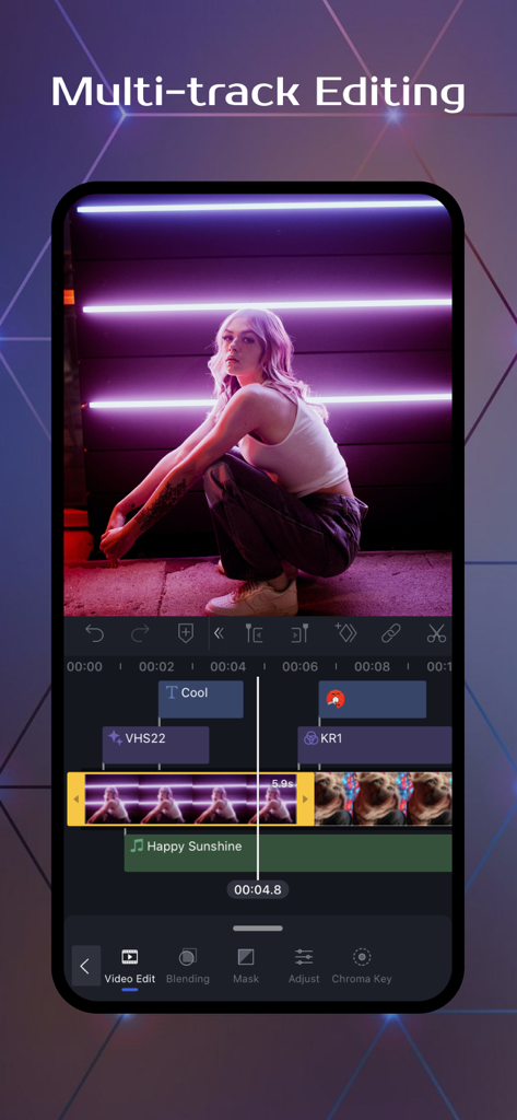 OviCut Video Editor - Aplicación móvil OviCut mostrando la línea de tiempo de edición de vídeo multitrack y las herramientas