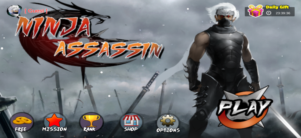 Ninja Assassin Revenge - Main menu of Ninja Assassin Revenge featuring a ninja character and game navigation buttons