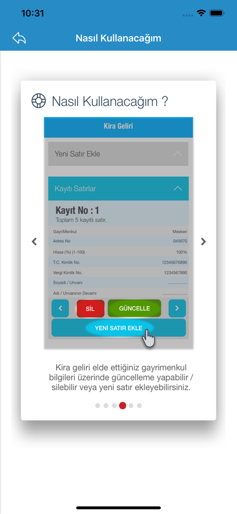 Hazır Beyan - A tutorial screen in the Hazir Beyan app showing how to add update and delete rental income property records