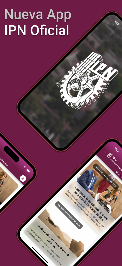 IPN Oficial - Application officielle de l'IPN affichant les nouvelles de l'université et le logo sur les appareils mobiles