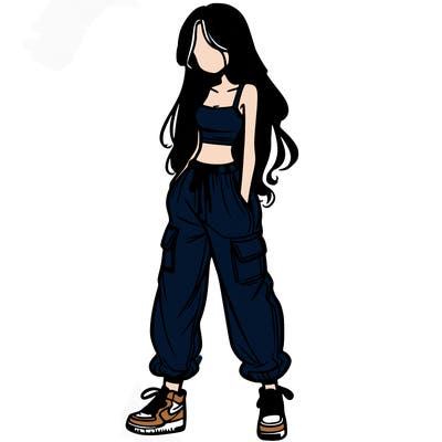 girl in baggy pants crop top and long hair