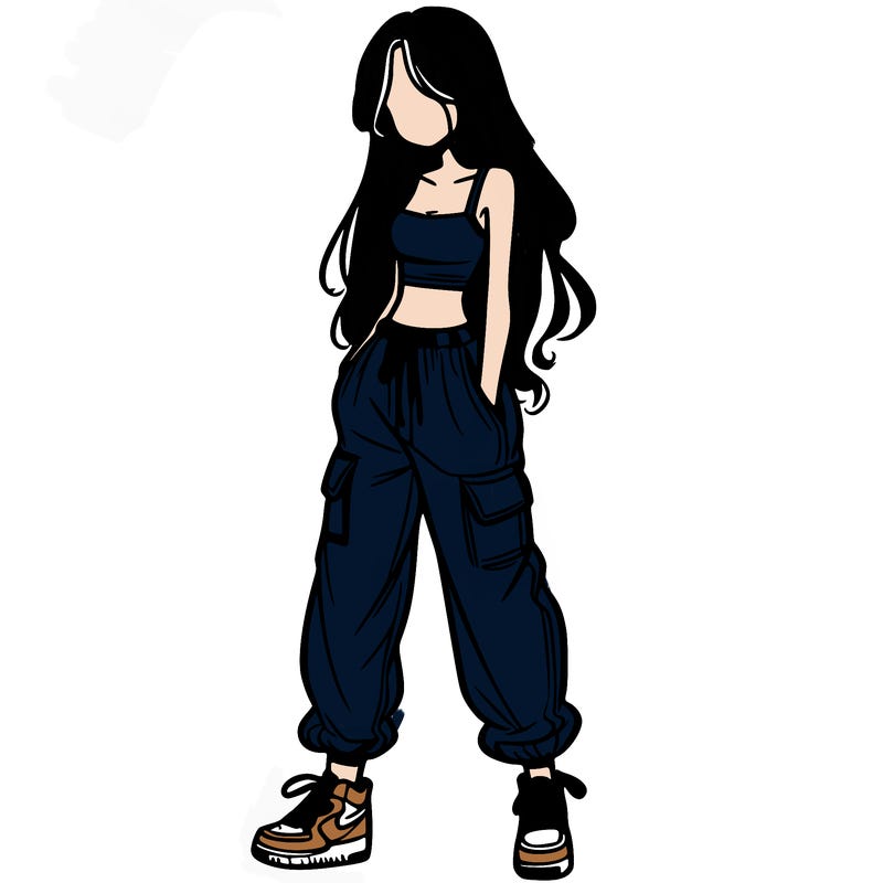 girl in baggy pants crop top and long hair