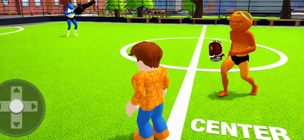 City life RP Open World Game - Personnages dans un jeu de rôle de vie urbaine se tenant sur un terrain de sport vert avec un avatar à tête orange