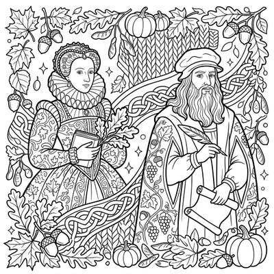 Embark on a creative journey with this captivating coloring page featuring two iconic historical figures, Queen Elizabeth I and Leonardo da Vinci. Immerse yourself in the rich tapestry of autumn as you bring these legends to life with your favorite colors.