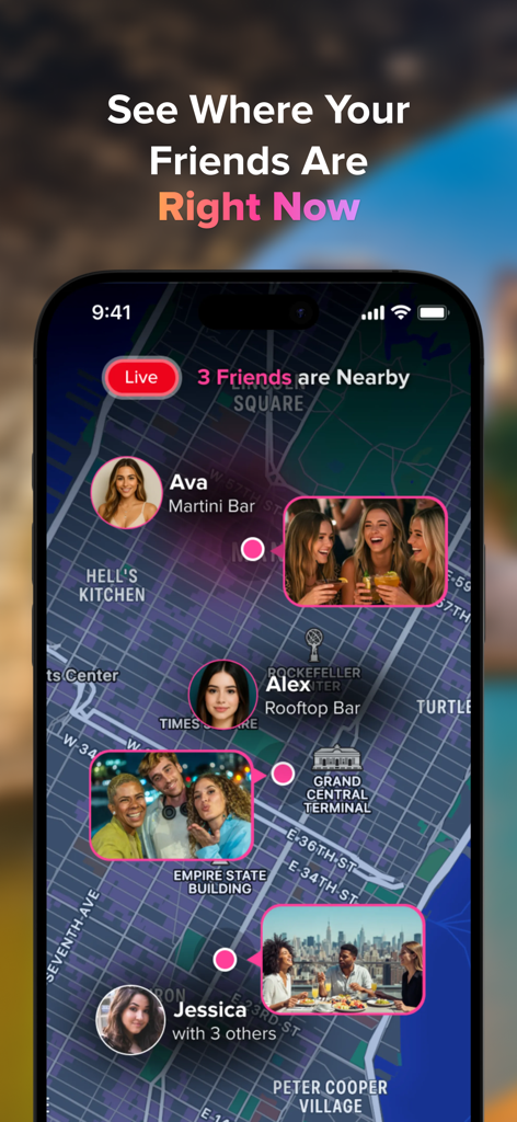 Atmosfy app live map interface showing friends at nearby bars and restaurants in New York City