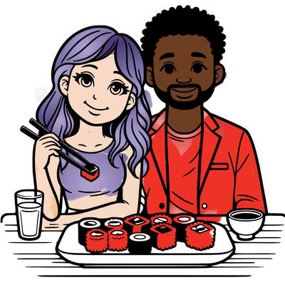 women eating sushi with husband