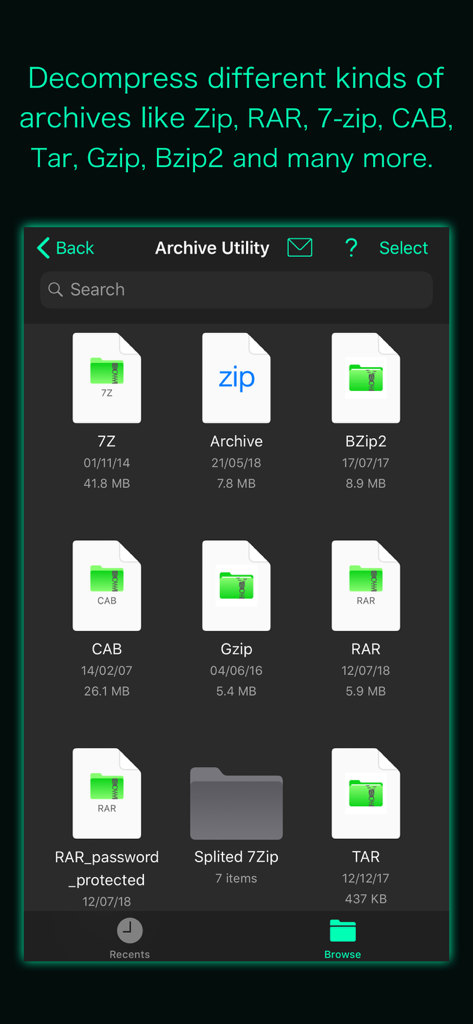 Archive Utility - Interfaz de la app Archive Utility mostrando soporte para varios formatos de archivo como ZIP RAR y 7Z