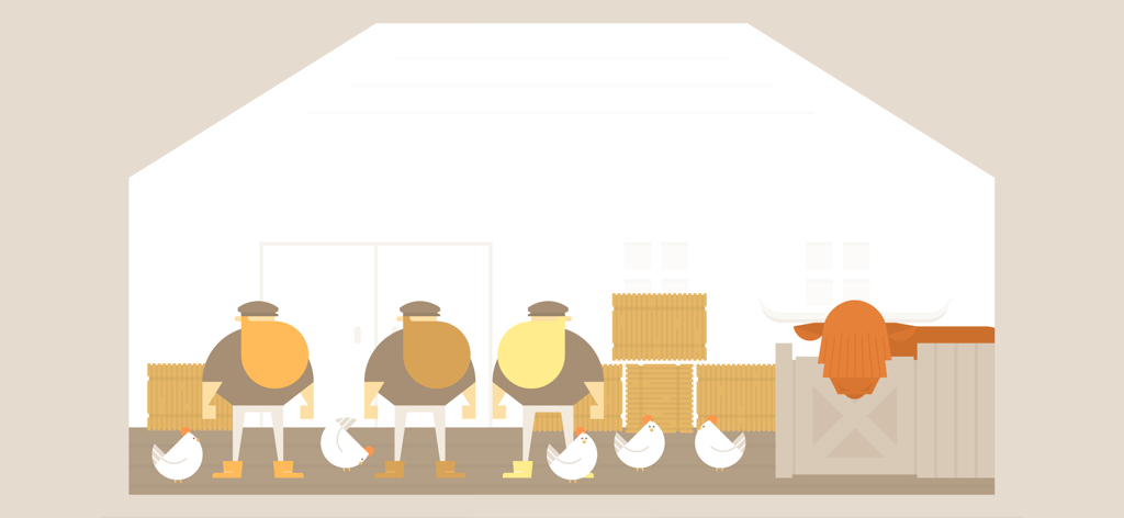 Three bearded fishermen standing in a minimalist barn with white chickens and an orange cow