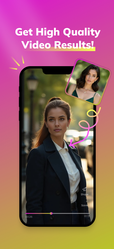 Smartphone screen showing a high quality AI face swap video result in the Swapzy app.